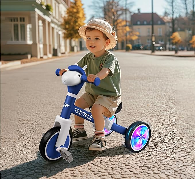 Toddler Balance Bike for Boys Girls, Tricycle for Toddlers 1-5 Year Olds, Toddler Tricycle with Light & Music Front, Kids Bicycle with Removable Pedal, Birthday Gifts for Kids (Flash Wheel Blue)