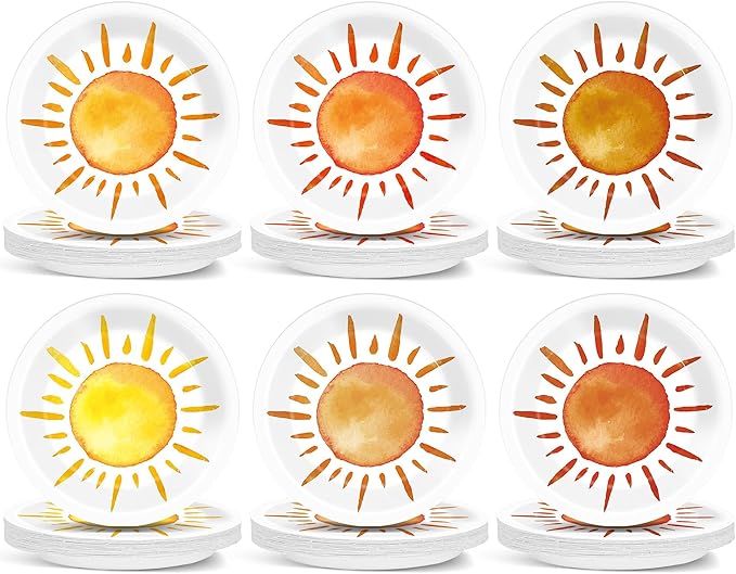CHUNNIN 60 Pcs Boho Sun Theme Party Plates for Groovy Hippie Party Decorations 9 Inch First Trip Around The Sun Paper Plates Disposable Sunshine Tableware for Baby Shower Birthday Supplies