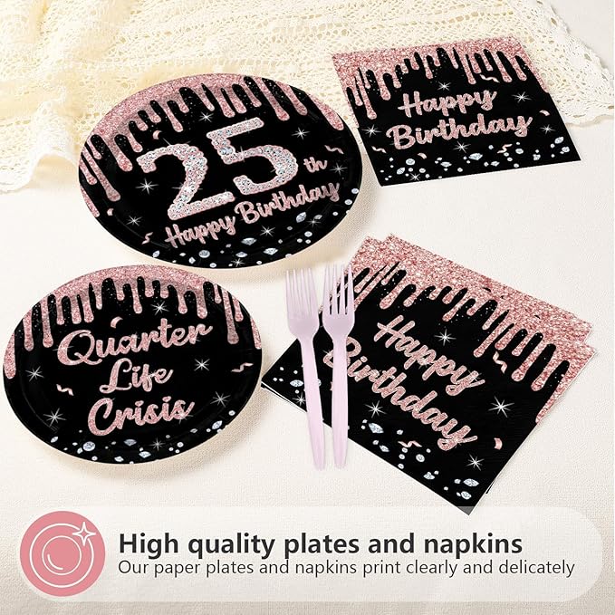 96 Pcs 25th Birthday Party Decorations Rose Gold and Black Happy 25th Birthday Paper Plates and Napkins Quarter Life Crisis Birthday Decorations for Women 25 Years Old Party Supplies Serves 24