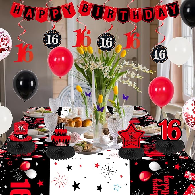 16th Birthday Decorations for Boys Girls Red Black, Sweet 16 Party Decorations with Happy 16th Birthday Banner Backdrop 16 Balloon Numbers Honeycomb Centerpieces Tablecloth 16 Years Old Party Supplies