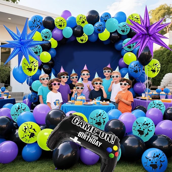 120 Pcs Video Game Balloon Garland Arch Kit, Black Blue Purple Light Green Balloons For Cartoon Gaming Night Themed Birthday Decorations Boys Kids Gatherings Party Supplies