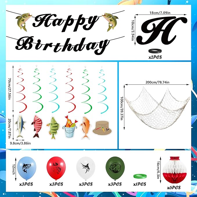 Gone Fishing Party Decorations Kit Include Hanging Banner Swirl Balloons (Happy Birthday)