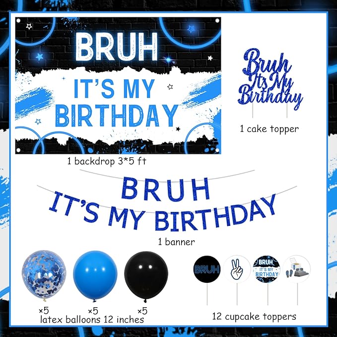JOYMEMO Bruh It’s My Birthday Decorations Kit For Boy - Happy Birthday Bro Backdrop Banner, Bruh Cake topper and cupcake toppers, Blue and Black Teen Boy Birthday Party Supplies