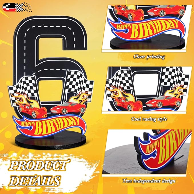Race Car 6th Birthday Number Sign Centerpiece Race Car Theme 6th Birthday Party Supplies Wooden Table Decoration Photo Props for Boys Six Years Old