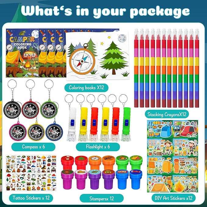 Cinrobiye 72 Pcs Happy Camper Party Favors Bulk, Summer Camper Birthday Party Supplies, Adventure Camping Coloring Book with Crayons Tattoos Stampers for Pinatas Gifts，Camper Party Goodie Bag Fillers