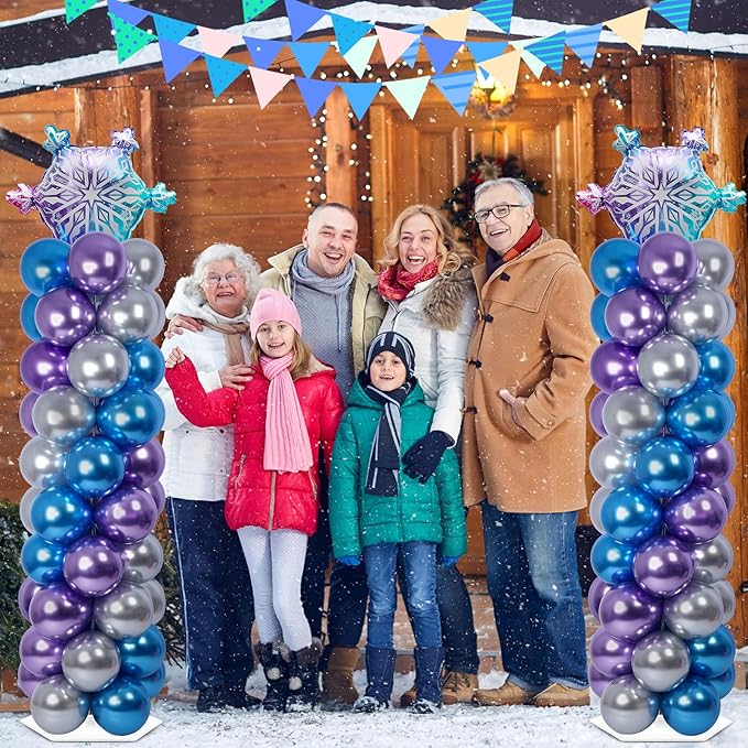 2 Sets Snow Party Balloon Column Stand Kit with 102 Balloons Winter Wonderland 5.57ft Adjustable Balloon Tower Stand with Bases Snowflake Balloons Arch Column for Girl Princess Birthday Party Supplies