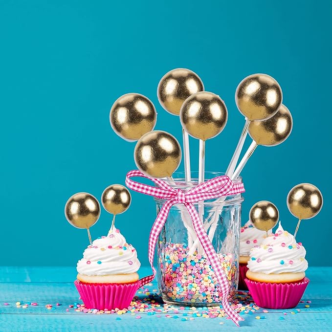 Gyufise 30Pcs Mini Balloon Cake Topper Gold Foam Ball Cake Picks Cupcake Faux Pearl Balls DIY Cake Insert Topper Decoration for Anniversary Graduation Birthday Party Baby Shower Supplies