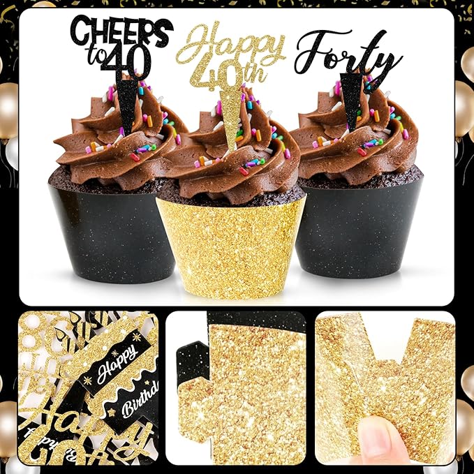 48 Pack Happy 40th Birthday Cupcake Toppers and Wrappers, Glitter Fabulous Vintage 1985 Cake Decor Cheers to 40 Year Cupcake Decorations for 40th Birthday Anniversary Party Supplies