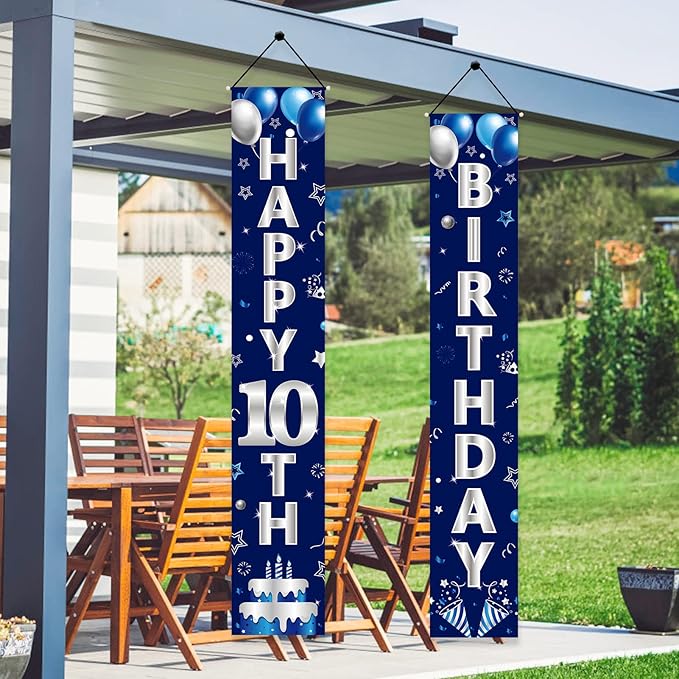 Blue Silver 10th Birthday Door Banner Decorations, Happy 10 Birthday Party Porch Banner Supplies for Boys, Sweet 10 Year Old Birthday Party Supplies