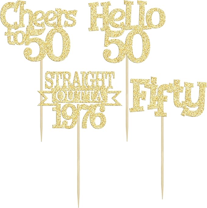 Ephlyn 24Pcs Happy 50th Birthday Cupcake Toppers Glitter Straight Outta 1976 Cupcake Picks Hello 50 Cheers to 50 Years Birthday Cake Decorations for 50th Birthday Anniversary Party Supplies Gold