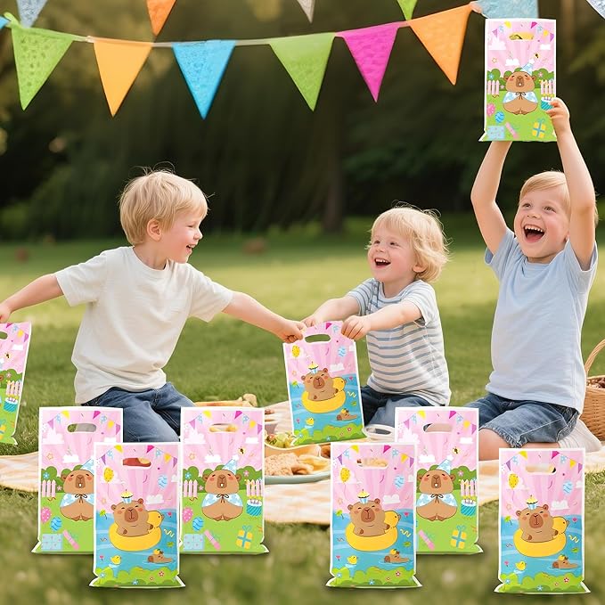 Capybara Party Favor Bags - 50Pcs Pink Capybara Patterns Goody Candy Treat Bags, Cute Animals Themed Party Decorations for Kids Boys Girls Birthday Baby Shower Animals Events Supplies