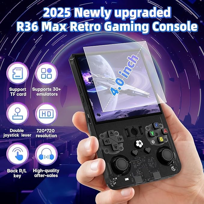 R36MAX Retro Handheld Game Console, 4.0 inch Retro Gaming Console with 64GB Memory, Portable Retro Video Games Console, 4000mAh Battery, Support 30+ Emulators, Transparent Black