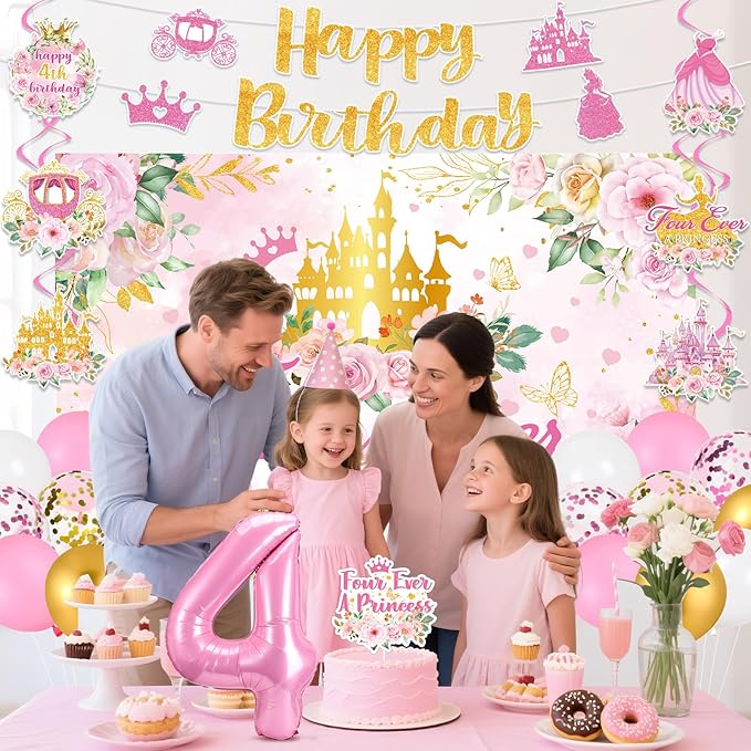 Four Ever a Princess Birthday Decorations Pink Sweet 4th Birthday Party Supplies Include 4 Ever a Princess Backdrop Banner Hanging Swirls Balloons Cake Topper for 4 Years Old Girl Bday Party Decor