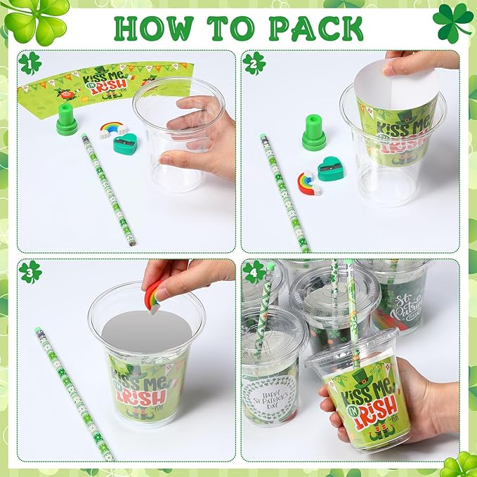 Pickmesh 180 Pcs St. Patrick's Day Party Favors Lucky Shamrock Stationery Set Pencils Erasers Stampers Sharpeners Cups for St Patricks Day Accessories Exchange Gifts Classroom Prizes Party Supplies