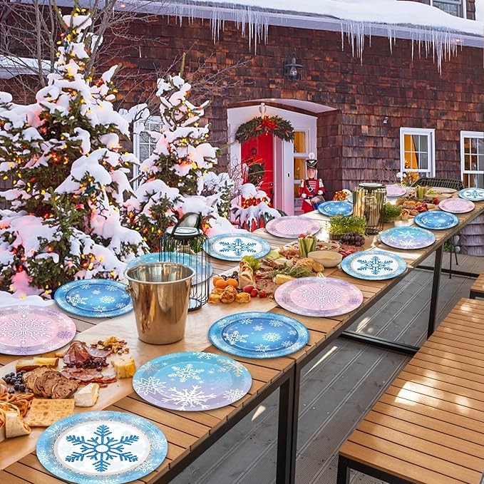 Wiooffen 80Pcs Winter Plates Snowflake Wonderland Party Tableware Decorations Winter Snowflake 7'' Paper Cake Dessert Dinner Plates for Christmas Xmas Holiday Party Supplies