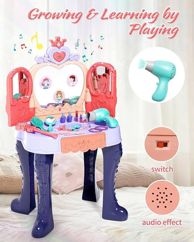 Magic Sensor Toddler Vanity Set with Automatic Opening Mirror, Kids Makeup Table with Induction Light & Music, Real Sound Hair Dryer, Fairy Wand & Accessories, Toy for Girls Age 3 4 5