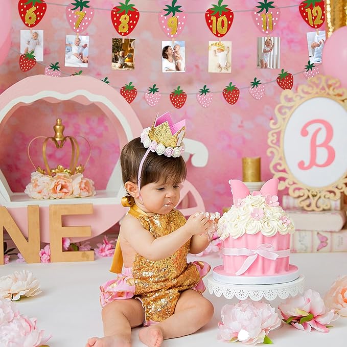 Strawberry First Birthday Party Decoration Berry 1st Monthly Photo Banner Milestone Photograph Bunting Garland for Baby Girl 12 Months Photo Display Baby Shower Berry Party Decorations Supplies