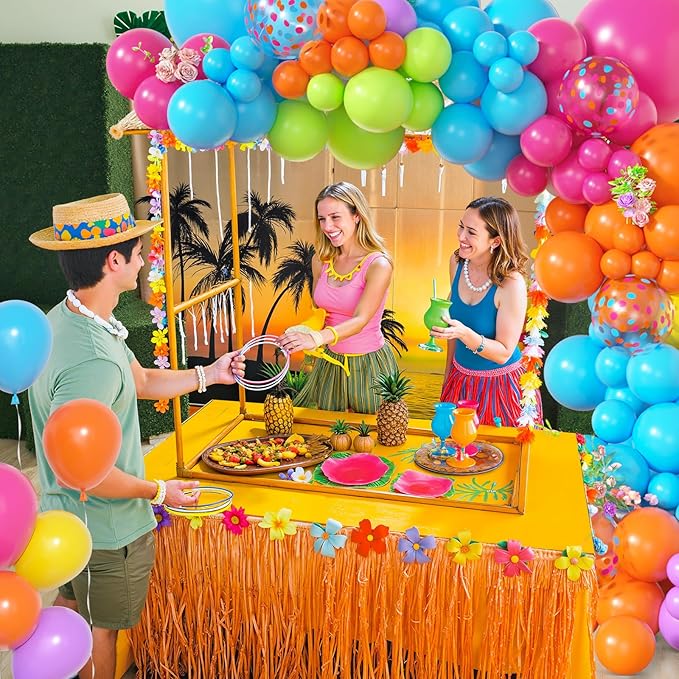 Amandir 153pcs Summer Tropical Balloon Arch Garland Kit Different Sizes 18 12 10 5inch Hot Pink Green Blue Yellow Purple Orange Rainbow Balloons for Hawaiian Luau Aloha Birthday Pool Party Decorations