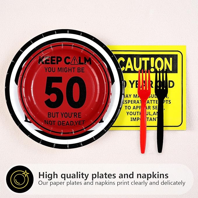 96Pcs 50th Birthday Decorations Caution Logos Wall 50th Birthday Plates and Napkins Over the Hill 50th Birthday Decoration for Him Men Women Funny You're 50 Years Old Birthday Party Supplies Serve 24