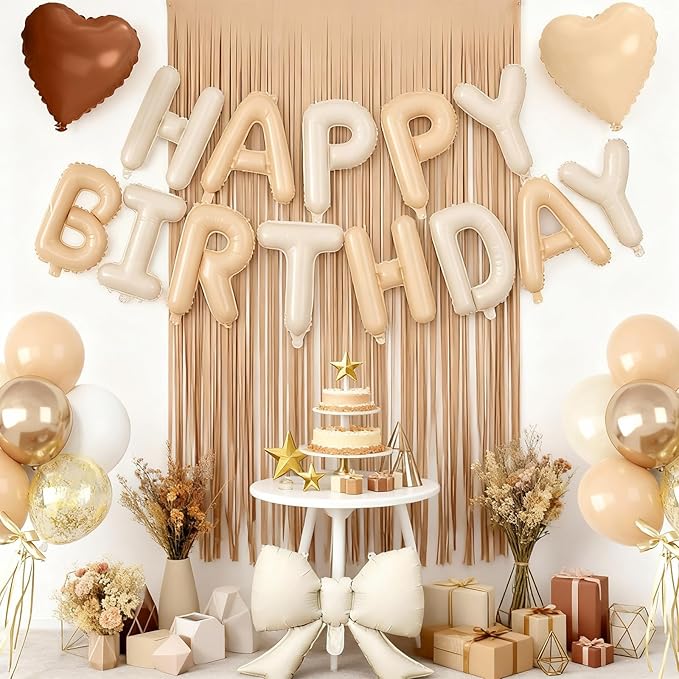 29PC Heart Bow Cream Happy Birthday Balloon Banner, 16Inch 3D Aluminum Letter Banner Sign, Apricot Brown Sand White Gold Confetti Balloons 18 Inch Apricot Foil Balloons for Bow Decorations