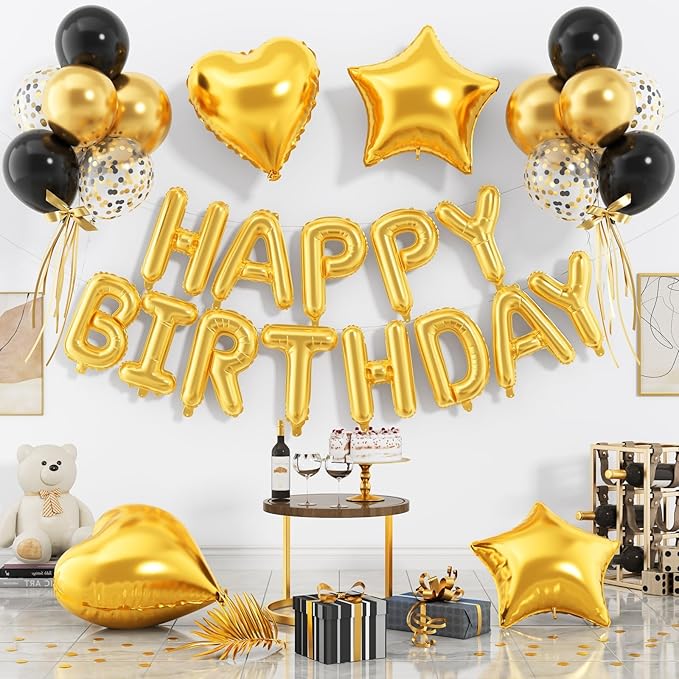 29PC Gold Happy Birthday Balloon Banner, 16 Inch 3D Aluminum Letter Banner Sign, Confetti Black Gold Metallic Balloons 18 Inch Star Heart Foil Balloons for Women, Men Party Decorations