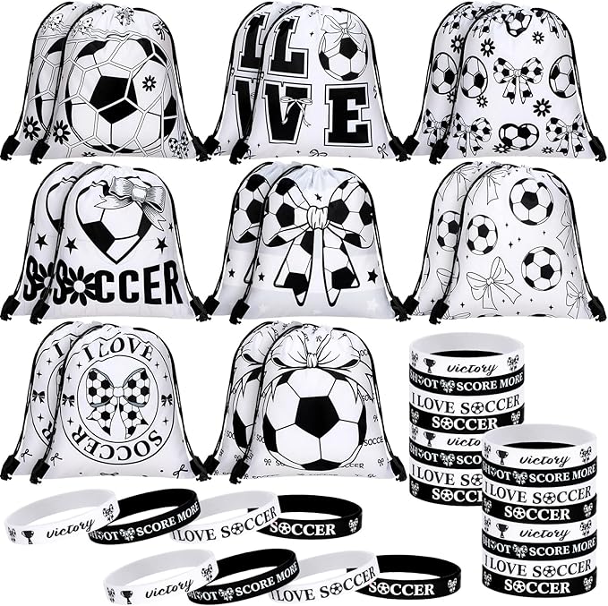 32 Pcs Coquette Bow Soccer Party Favors Set 16 Drawstring Goodie Bags 16 Silicone Wristband Snack Treat Candy Bags Motivational Bracelets Sports Birthday Party Supplies for Men Women