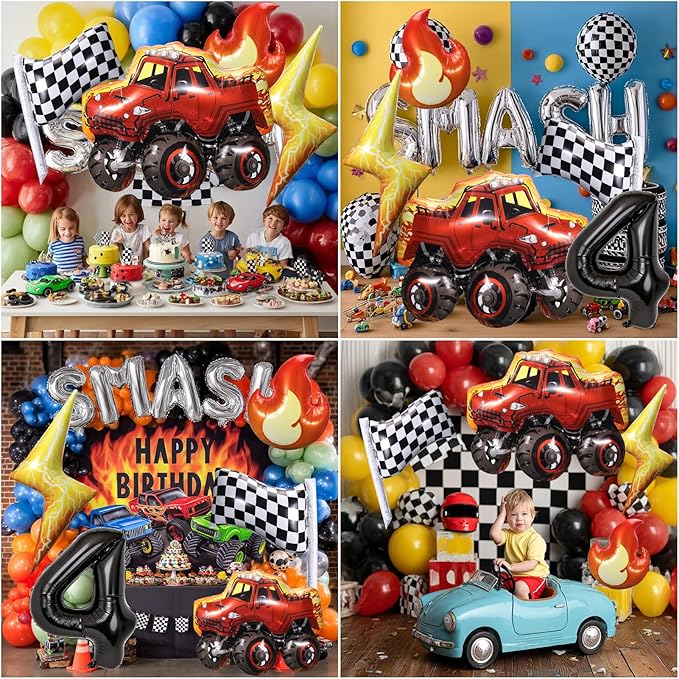 Truck Number 4 Balloons, Huge Truck Flags Lightning Flame Stars Aluminum Foil Balloons for 4th Birthday, Race Car Theme Party Decorations Supplies