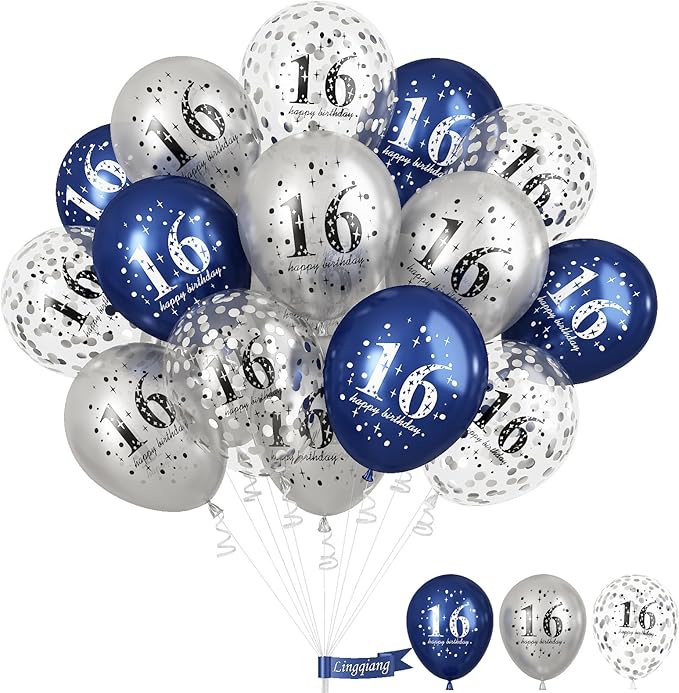 16th Birthday Decorations Boys, Pack of 15 Happy 16th Birthday Balloons Latex Helium Navy Blue Silver Confetti Balloons for Age Sixteen 16 Years Old Birthday Party Decorations Celebration Supplies