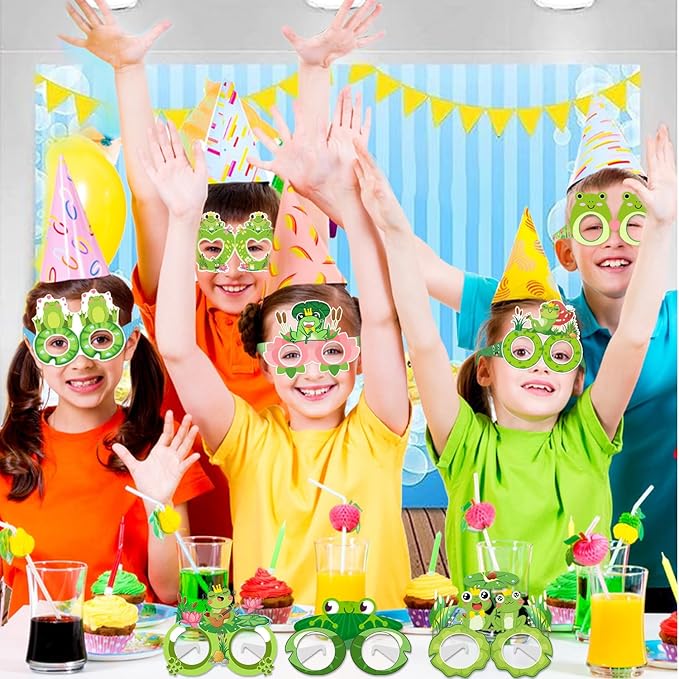 24 PCS Frog Party Paper Eyeglasses, Frog Party Favors Decorations Supplies, Frog Birthday Party Decorations Gifts Photo Booth Props for Kids Boys Girls