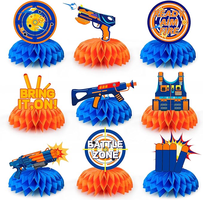 Dart War Gun Party Honeycomb Centerpieces, 9pcs Dart War Centerpiece for Table, Dart War Birthday Honeycomb Centerpieces, Dart Battle Honeycomb Centerpieces for Dart War Birthday Party Decorations