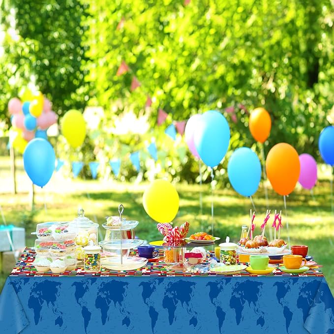 3 Pieces International Flag Tablecover World Flag Party Tablecloth Decorations Disposable Plastic Table Cover Birthday Party Decor Supplies Favors Outdoor Indoor