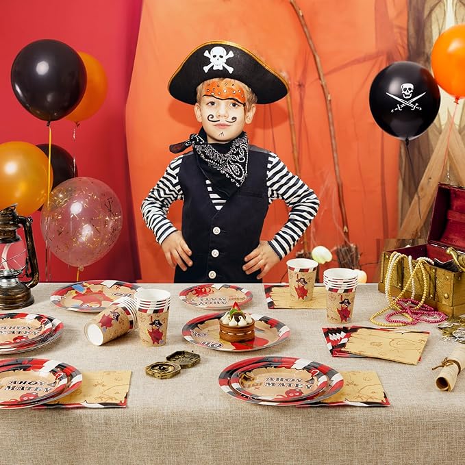 WERNNSAI Pirate Birthday Decorations - 64 PCS Pirate Plates Napkins and Cups Parrot Party Decorations Treasure Party Favors for Kids Birthday Treasure Theme Supplies Serves 16 Guests