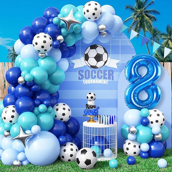 Soccer 8th Birthday Party Supplies - Arch Kit with 40 Inch Number 8 Balloon, Football Foil Balloon, Royal Teal Blue Balloons for Boys 8th Birthday Decoration