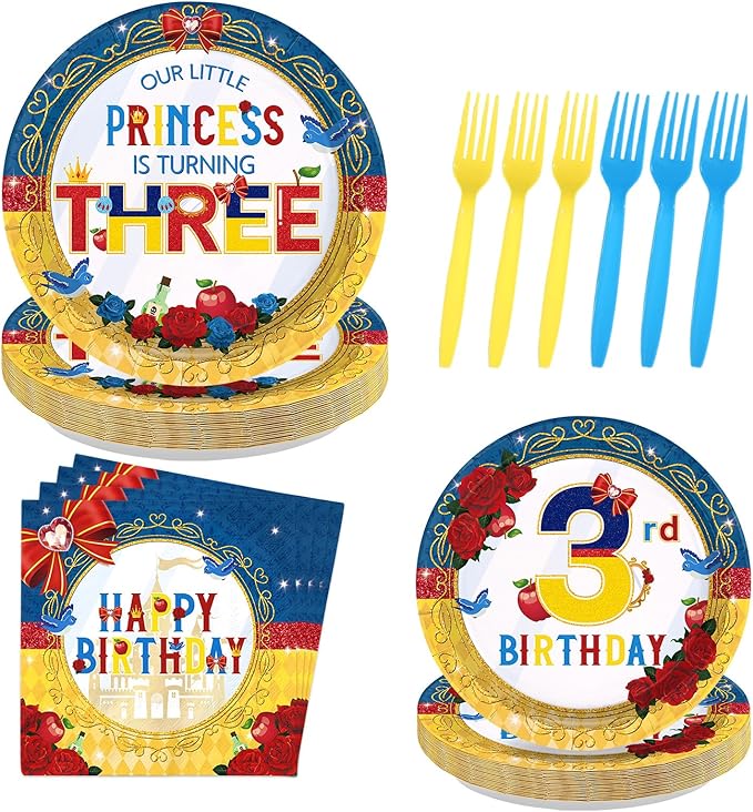 96 Pcs Snow Princess 3rd Birthday Party Supplies Cartoon Snow Plates and Napkins Red Blue Yellow Tableware Set for Girls 3rd Birthday Baby Shower Princess Theme Party Supplies, Serves 24