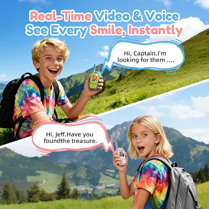 Video Walkie Talkies for Kids, 2 Pack Rechargeable Video Call Toys with 2'' Screen, Long Range 2-Way Radios, Voice Changer & Sticker Effects, Indoor, Outdoor Camping Gift for Boys Girls Age 3-12