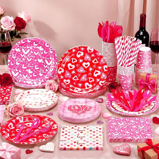 450 Pcs Valentines Tableware Set Decorations, Heart Love Design Paper Plates Napkins Cups Cutlery Straws for Kids Classroom Valentine's Day Galentines Day Party Supplies, Serves 50