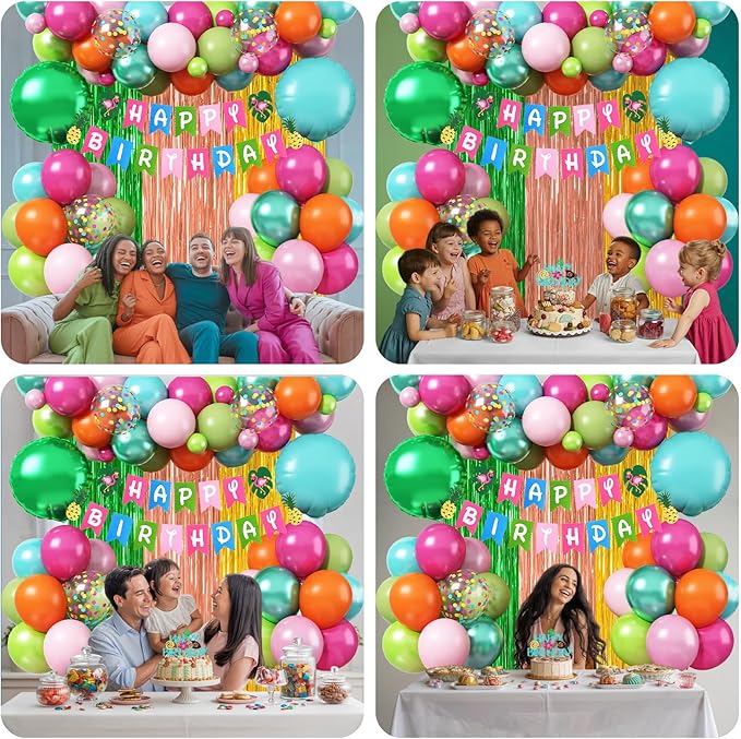 Hawaiian Tropical Birthday Party Decorations, Summer Luau Party Decoration Flamingo Birthday Banner Hot Pink Orange Teal Blue Green Metallic Balloons Cake Topper for Beach Baby Shower Aloha Supplies