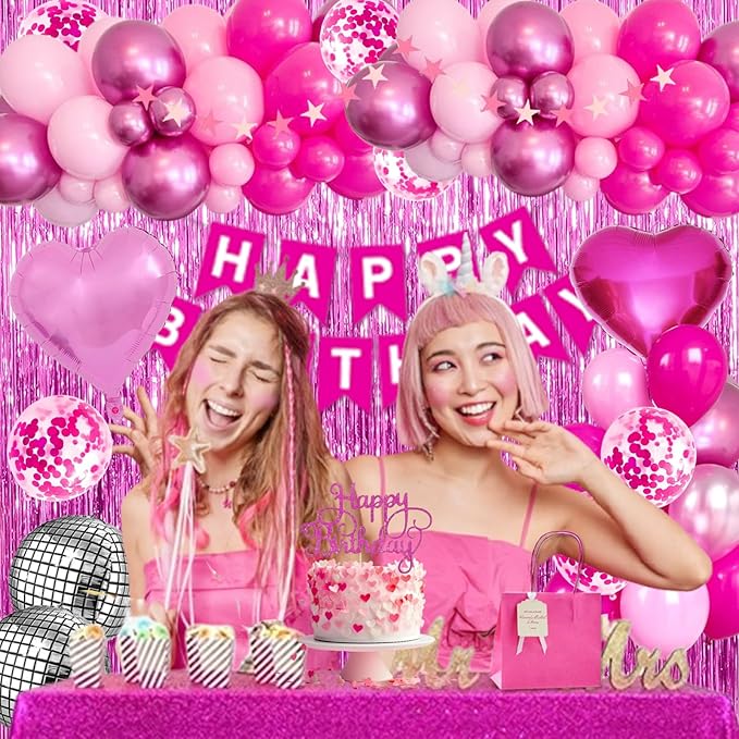 Pink Birthday Party Decorations for Women Girls with Happy Birthday Banner Paper Pompoms Fringe Backdrop Star garland Hot Pink Balloons Princess Décor