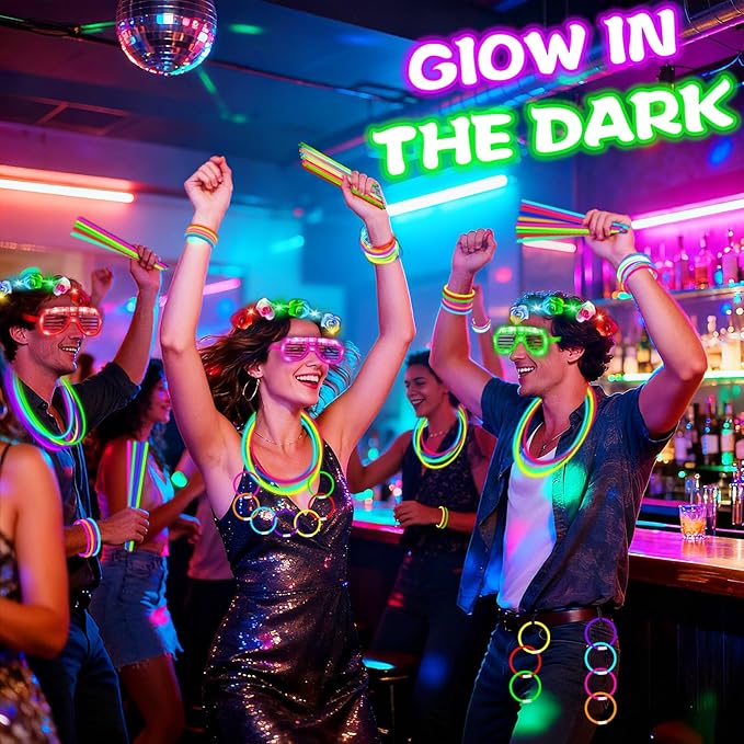 112 Pcs Glow in The Dark Party Supplies Glow Sticks Bulk LED Neon Party Favor Light Up Toys Gifts Kids Adult 100 Glow Sticks Necklaces Bracelets/6 Light Up Glasses/6 Led Headbands Easter Basket