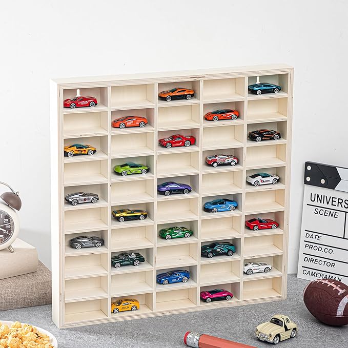 2 Pcs 50 Space Toy Cars Wheels Display Case 1: 64 Scale Model Cars Display Shelf Wooden Wall Mounted Die Cast Car Storage Rack for Gift Collectibles Toy Figurines Tiny Cabinet