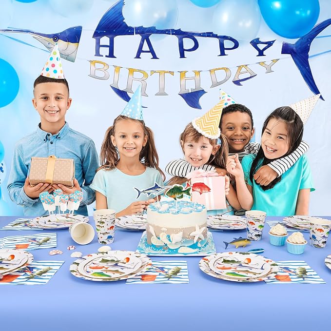 WERNNSAI 64PCS Fish Party Decorations - Gone Fishing Party Decorations Fishing Plates Napkins Cups Set for Boys Litter Fisherman Birthday Baby Shower Decorations