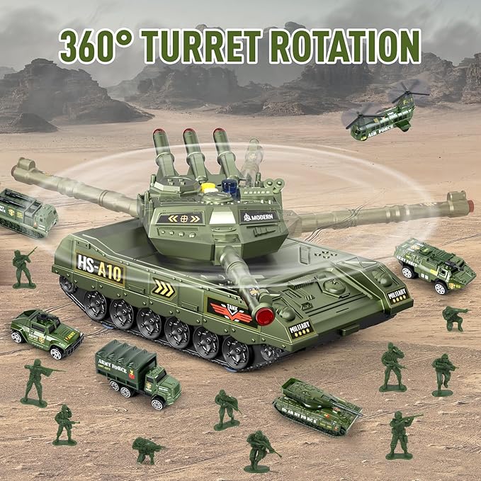 Army Tank Toys for Boys 3 4 5 6 7 8 Years Old, Military Toys Playset with 6 Mini Die-Cast Cars Helicopter & 10 Army Men Toy Soldiers, Kids Christmas Birthday Gifts Present for Boys Age 3+