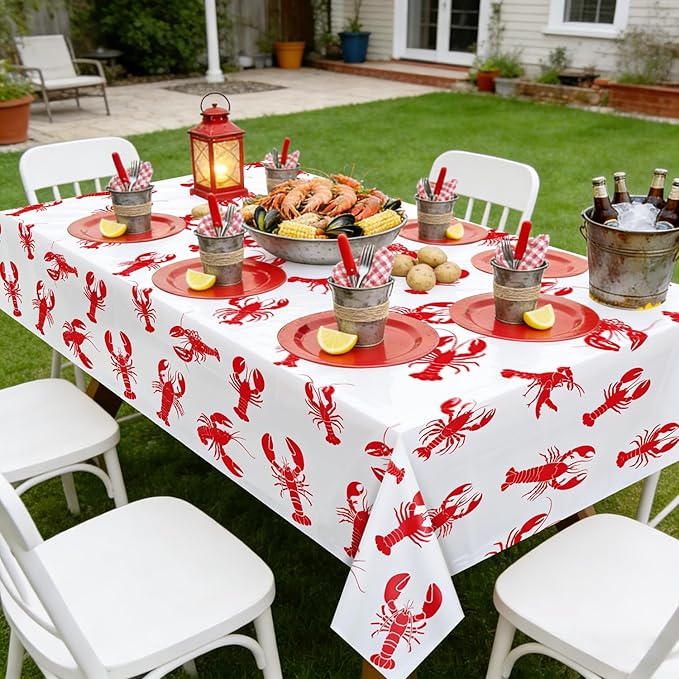 4 Pack Crawfish Tablecloths Plastic Red Lobster Crawfish Boil Table Cover for Birthday Party Decorations Seafood Festivals Potluck Barbecue Supplies, 87 x 51 inches