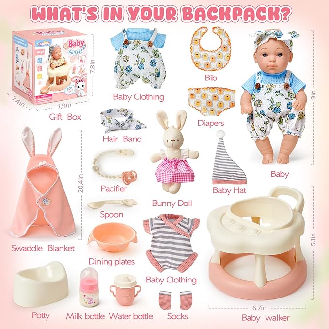 Baby Doll Accessories Set for Girls, 9'' Baby Doll with 2 Sets Clothes Doll Walker Chair Feeding Bottle Pacifier Diaper Blanket, Realistic Pretend Play Toys Toddler Girl Birthday Gifts 3 4 5 6