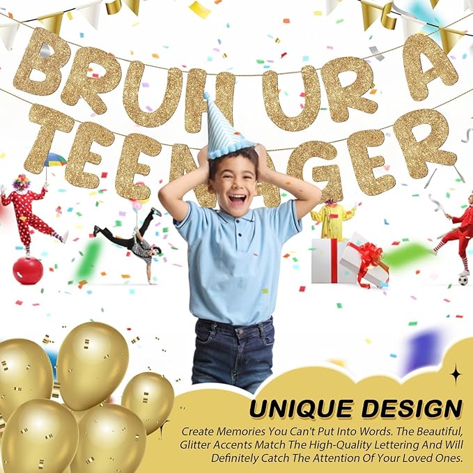 Fulmoon Pre Strung Bruh Ur a Teenager Glitter Banner 13th Birthday Banner Decorations for 13 Year Old Teen Birthday Party Favors Supplies for Boy Girl(Champagne Gold)