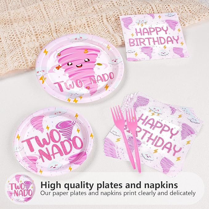 Grencian 96Pcs Two Nado Party Supplies Pink Tornado 2nd Birthday Plates and Napkins Tableware Sets Two Nado Party Decorations Favors for Girls Baby Shower 2 Year Old Birthday Supplies Serves 24