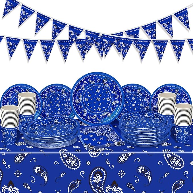 123 Pcs Western Cowboy Party Decorations, Wild West Birthday Decorations Tableware Set, Cups, Plates, Napkins, Banner & Tablecloth for Cowboy Themed Party Ideal for Bbqs, Baby Showers(Blue)