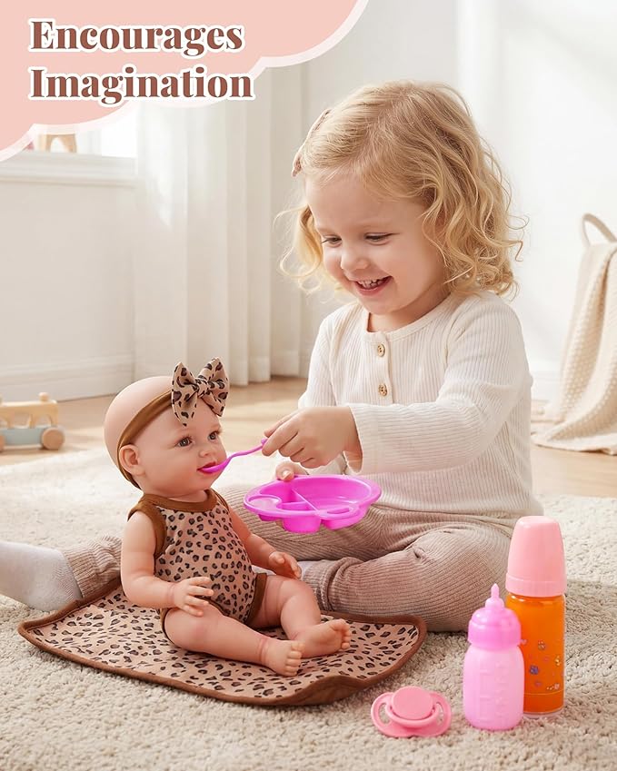 BABESIDE 13Pcs Baby Doll Clothes and Accessories for 10-12 inch Dolls, Baby Doll Feeding and Care Set with Carry Bag, Bottles, Tableware, Baby Doll Outfit for Doll Girl Boy (Leopard Pattern)