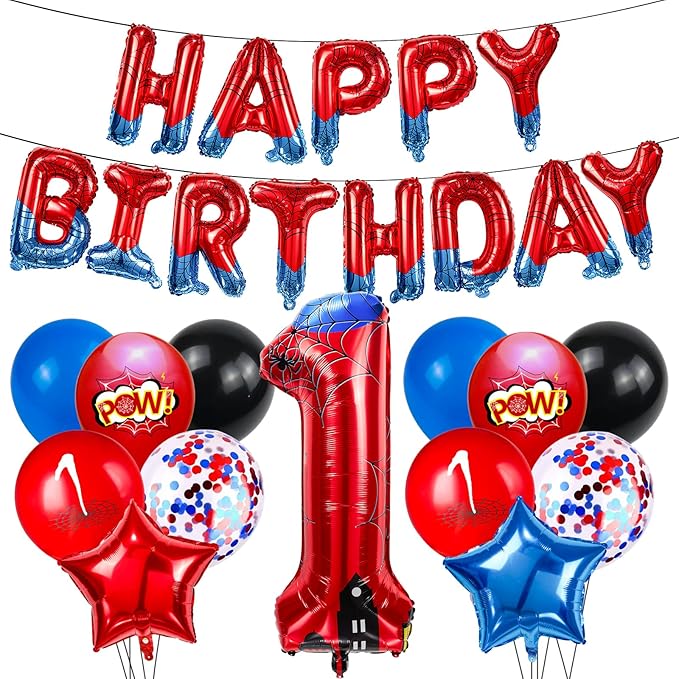 Cartoon Hero 40 Inch Red and Blue Spider Theme Number Foil Birthday Decoration Balloon, Spider Theme Happy Birthday Banner Party Decoration Balloon, Letter Logo Superhero Party Supplies (1)