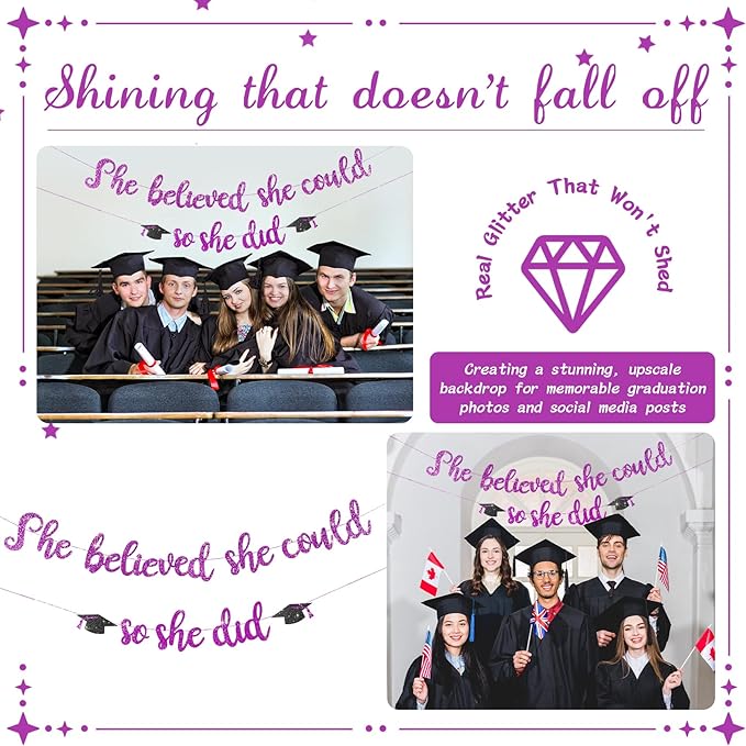 She Believed She Could So She Did Banner - Pre-Strung Glitter Graduation Decorations 2026 for Women Girls, Inspirational Grad Party Supplies, Class of 2026 College High School Masters PhD Decor (Purple)